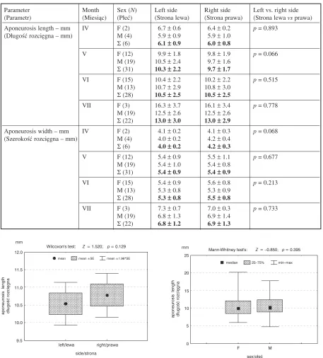 Table 5. Descriptive statistics of the palmaris longus aponeuroses length and widthTabela 5