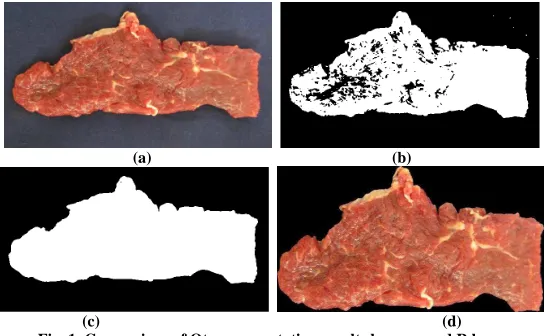 Fig. 1. Comparison of Otsu segmentation results by gray and R layer  The segmentation image by Otsu algorithm are given in figure 1, in which (a) is the original image, (b) is the 