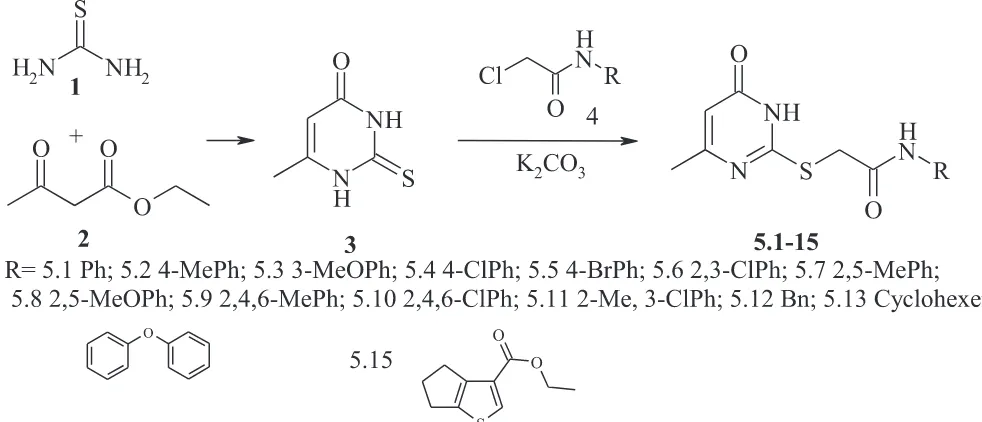 Figure 1. The synthesis of 2-[(1,6-dihydro-6-oxo-4-methyl-2-pyrimidinyl)thio]-N-acetamides.