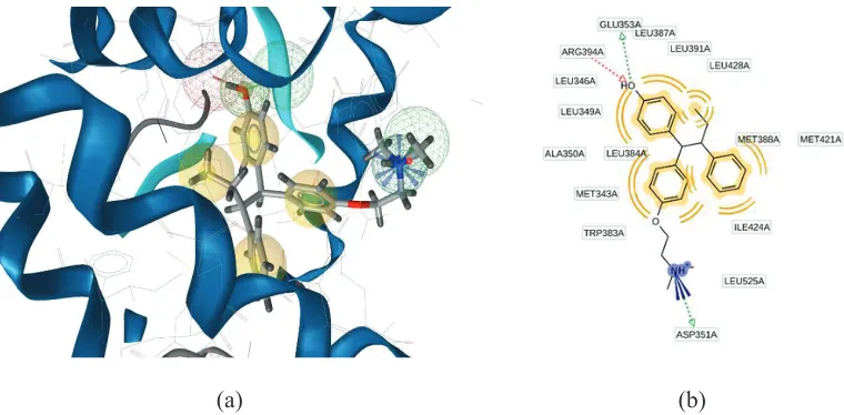Figure 2. (a) The 3-D pharmacophore modeling using LiganScout 4.1 based of 4-OHT that complexed with ERα f (PDBid: 3ERT)