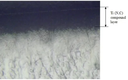Fig. 8: Ti (N, C) compound layer which is resulted by using plasma nitro carburizing process at temperatures 350oC for 4 h  