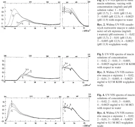Fig. 2. UV−VIS spectra of basicmucin solutions, varying withconcentration (mg/ml) and pHsolution value: 1 – 0.02 (pH 13.7); 2 – 0.01 (pH 13.4); 3 – 0.005 (pH 12.5); 4 – 0.0025 (pH 11.9) with respect to water