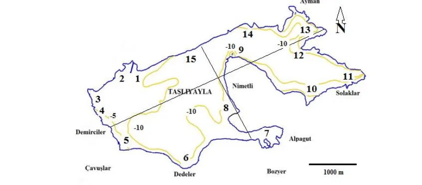 Figure 1. from General Command of Mapping 25000:1 templates.Sampling stations (big bold numbers from 1-15) and depth counterlines (-5, -10) ranges around littoral zone of Seben-Taşlıyayla reservoir (Bolu, Turkey)