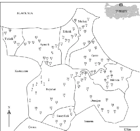Figure 1: Sampling sites (97) from nine counties (Türkeli, Ayancık, Erfelek, Merkez, Gerze, Dikmen, Durağan, Saraydüzü and Boyabat) of the Sinop province