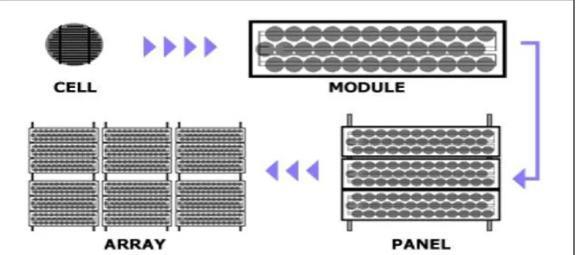 Figure 2.6: PV cell, PV Module and PV Array relationship [15] 