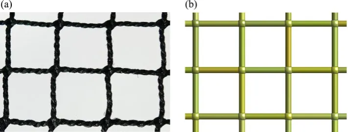 Figure 8. Knotted net panel used in (a) the physical model test and (b) the numerical simulation