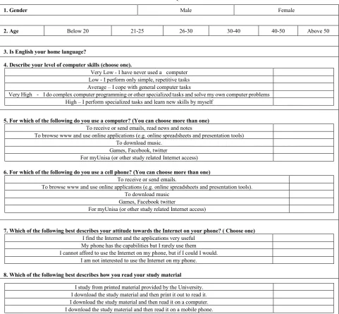 Table 1.  Pre-test Questionnaire 