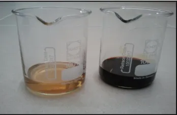 Figure 1: Different colour between fresh (left) and waste (right) engine oil 