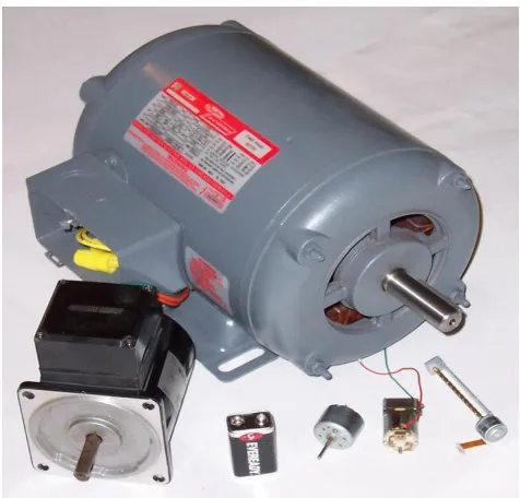Figure 1.1: Various electric motors, compared to 9 V battery 