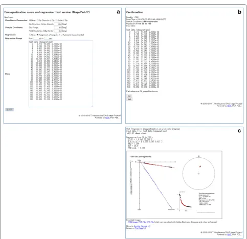 Fig. 2 Screenshots illustrating the use of the MagePlot/P service: a data and options input window, b confirmation window, and c results window