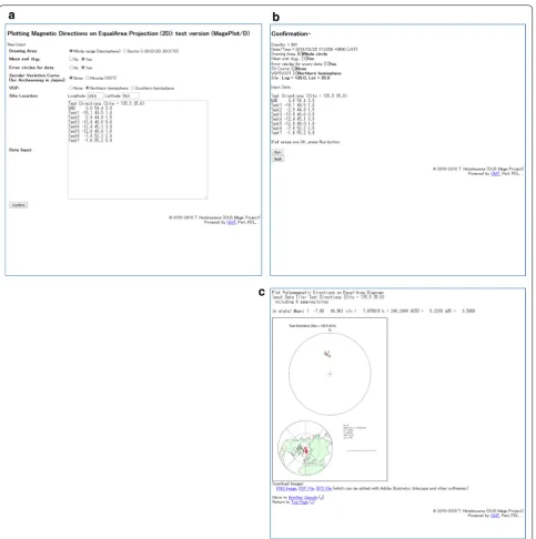 Fig. 3 Screenshots illustrating the use of the MagePlot/D service: a data and options input window, b confirmation window, and c results window