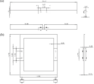 Figure 2. Dimensions of (a) beam structure (b) frame structure from front, top and side view