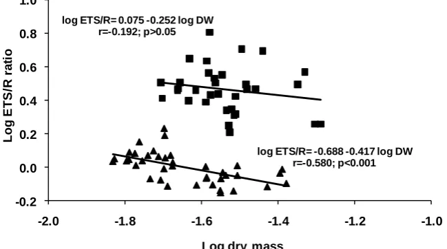 Figure 2.  Relationship between ETS activity (µL O2 ind-1 h-1) and egg dry mass (DW; g) for eggs (), eyed stage eggs (■), and larvae (▲) of Salmo marmoratus; N = 52