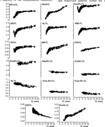 Figure 3. Development of the morphometric ratio in relation to TL. Morphometric abbreviations are listed in Table 1