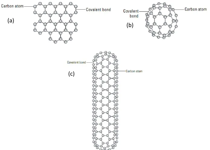 Figure 2.6: Structure of carbon atoms connected by covalent bond in a (a) graphite’s sheet, (b) buckyball and (c) single wall of carbon nanotubes (SWCNTs)