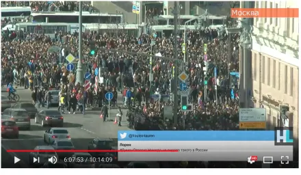 Figure 3. Screen grab of YouTube live stream syndicated by FBK during the March 26, 2017, anti-corruption protests in Russia