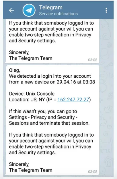 Figure 1. Screenshot of a security message from Telegram warning of hacking attempt. Image courtesy of Oleg Kozlovsky on Twitter