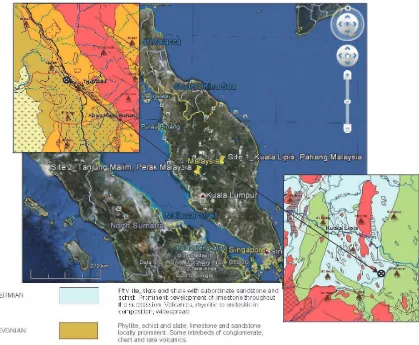 Figure 1. Site 1 and 2 based on Map (Google, 2012) and Geological Map of Peninsular Malaysia (MGDM, 1985)