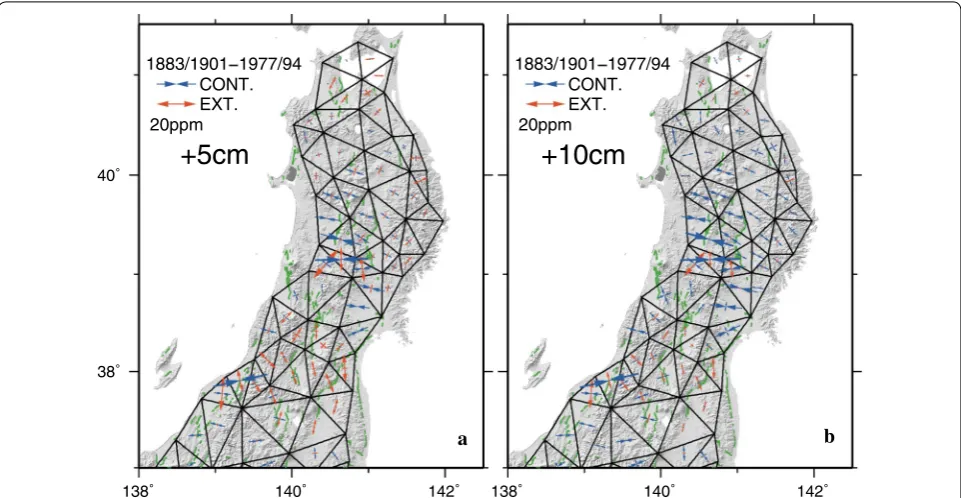 Fig. 7 Crustal strain during the 100 years after correction of scale bias. a Case of + 5 cm of the Shionohara baseline