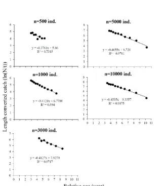 Figure 2.  The simulated plots of length converted catch values and relative ages among a series of sample sizes (Z=0.40 year-1 and length class=5 cm)
