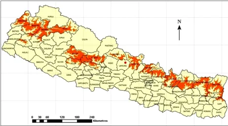 Figure 2. The distribution of Ailurus fulgens in Nepal (orange areas) (www.redpandanetwork.org)