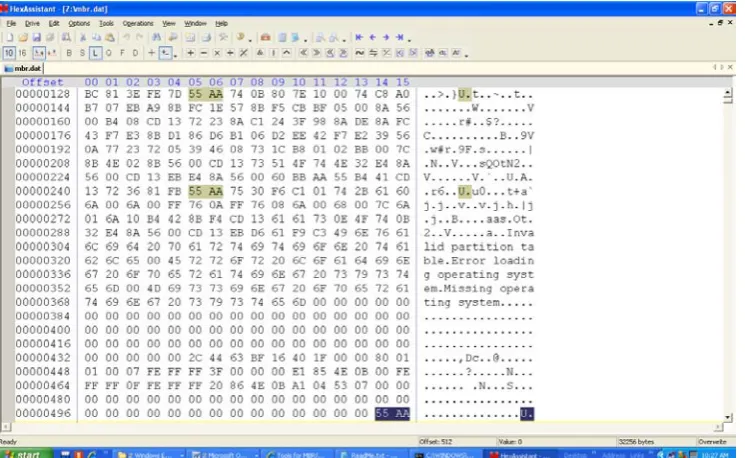 Figure 6.  MBR content acquired from MBRutil.exe and then viewed using HexAsssistant.  