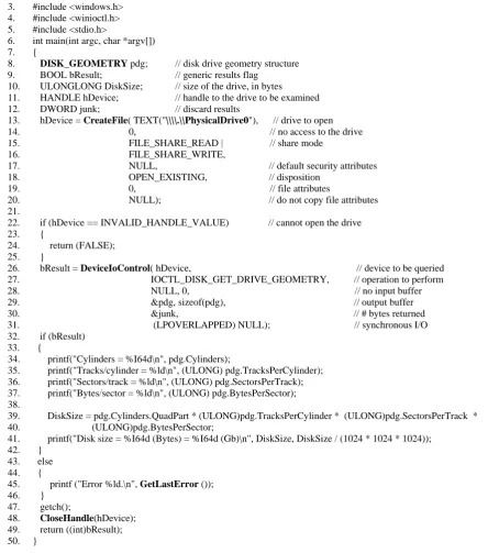 Figure 7. C codes (infoHDD.c) for displaying disk geometry information   