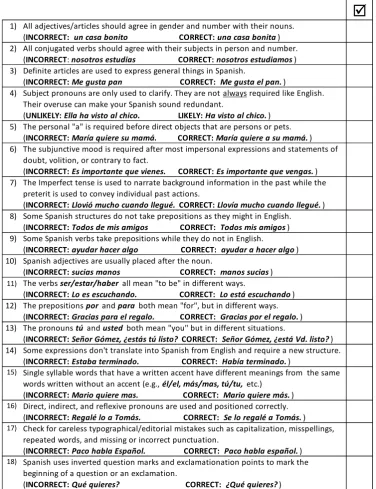 Figure 5: Checklist for peer and self-evaluation of transfer and other grammatical errors (common among second language and some heritage learners)   