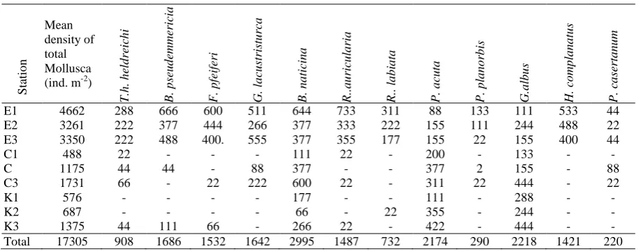 Table 3. Mean density of individuals (ind. m-2) of Mollusca samples in the study area  