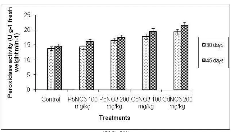 Figure C. Effects of CdNO3 and PbNO3 on Proline content after 30 and 45 days of treatment