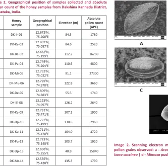 Table 2. Geographical position of samples collected and absolute pollen count of the honey samples from Dakshina Kannada District, 