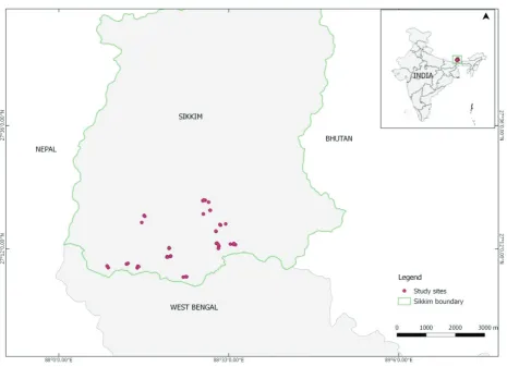 Figure 1. Location of orchards (in red dots) within the northeastern Indian state of Sikkim