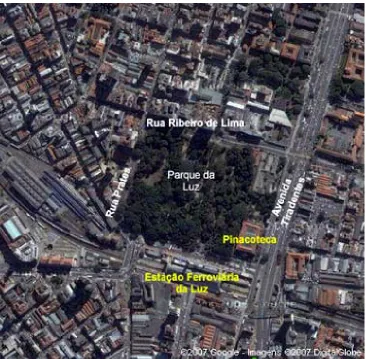 Fig. 1:  Satellite image of Parque da Luz, in S. Paulo. Approximation: 500 feet. Source: Google Maps 2007 