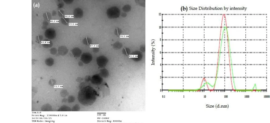 Fig. 6:NPs.  (a) Transmissionelectron microscopy (TEM) image shows particle size of kanamycin loaded PLGA    nanoparticles (KS NPs); (b) size distribution of KS   