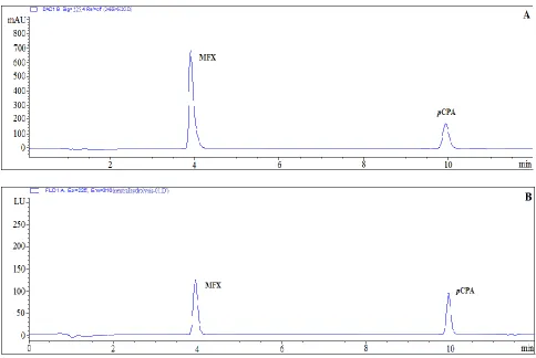Fig. 2: HPLC Chromatogram of MFX after exposure to neutral hydrolysis for 6 hr at ambient temperature (A) using DAD at 225 nm (100 µg mL   concentration), (B) using FLat λex/em, 225/310 nm (10 µg mL-1, initial concentration)