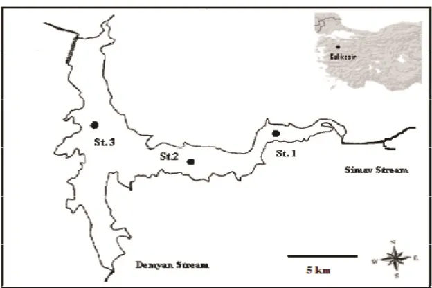 Figure 1. Map of the Ikizcetepeler Reservoir showing the position of sampling stations