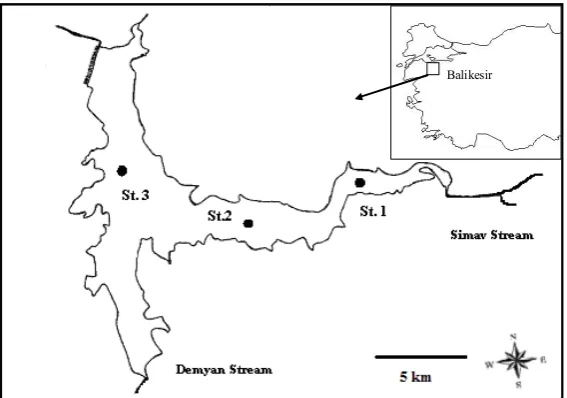 Figure 1. Map of the Çaygören Reservoir showing the position of sampling stations.      