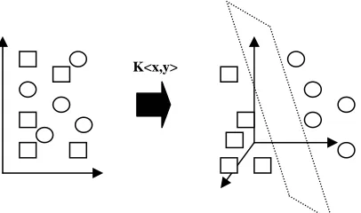 Figure 2:  SVM map data into higher dimension feature space in which the data have a much greater chance of being linearly separable