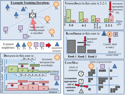 Figure 4. An example iteration of the accumulation of the tabulated statistics:These features would eventually be tabulated over all of the training iterations, using each training sample as a new leave-one-out test VoteSplit, Rank, Dist, and ConfMat features.sample.