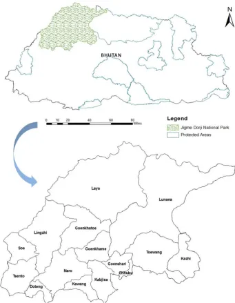 Figure 1. The map of protected areas of Bhutan showing the study 