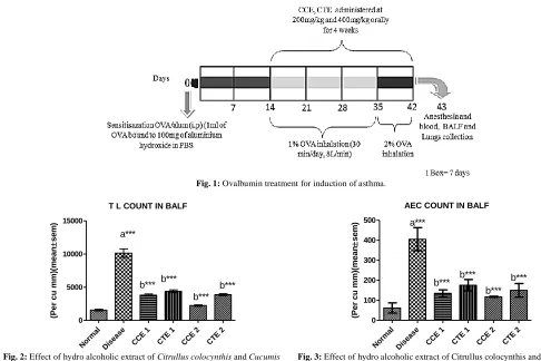 Fig. 4: experimental rats. a-when compared with Control; b-when compared with  Effect of hydro alcoholic extract of Citrullus colocynthis and Cucumis  trigonus fruit on IgE antibody concentration in blood serum in control and   Asthma group., P<0.001 ; P<0