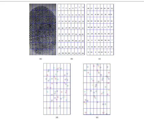 Figure 4 A pictorial representation of Cartesian transformation.(d) (a) Original fingerprint image, (b) Cells , (c) Cells which replaces the original cells, Original minutiae points, (e) Minutiae points in cancelable template.