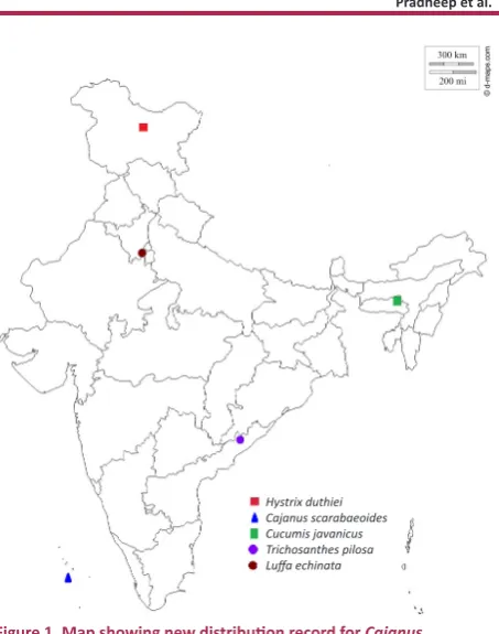 Figure 1. Map showing new distribution record for Cajanus scarabaeoides, Cucumis javanicus, Hystrix duthiei, Luffa echinata