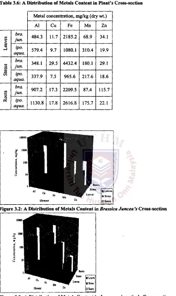 Figure 3.3: A Distribution of Metals Content in Ipomoea Aquatica's  Cross-section . 
