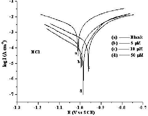Fig. 2. Polarization profile of zinc in presence of different concentration of inhibitor in HCl medium   