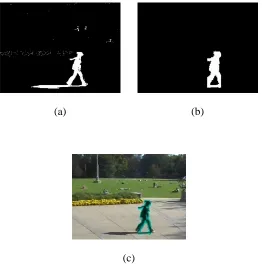 Table 1. Depiction of segmentation steps of oldmain video. (a) Initial segmentation via Gaussian mixture model algorithm