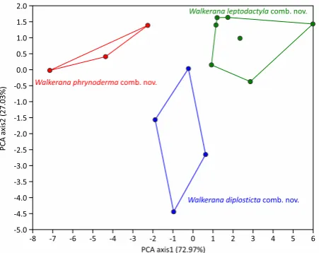Figure 6. Principle component analysis of species under Walkerana gen. nov. showing distinct clusers