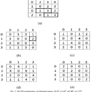 Fig. 2. GLCM construction. (a) Original image, (b) 00, (c) 450, (d) 900, (e) 1350 