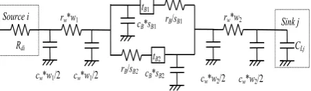 Fig. 6. Equivalent delay model with a bidirectional repeater inserted into the middle of a wire w