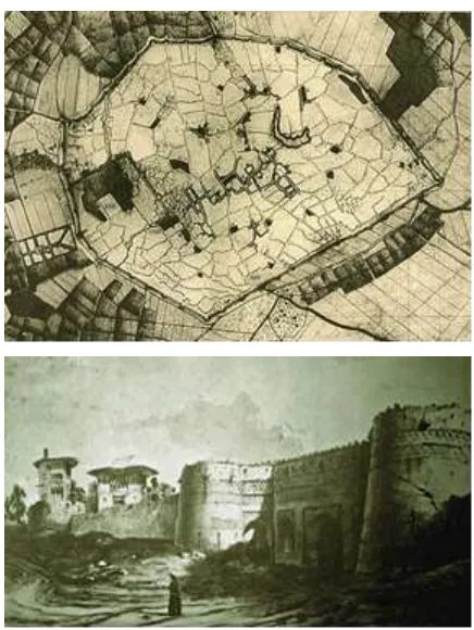 Figure 6 & 7. Physical structure of Boroujerd (19th century, top) and wall and towers of Boroujerd in Islamic period (Century 10 AH, bottom) (Authors)